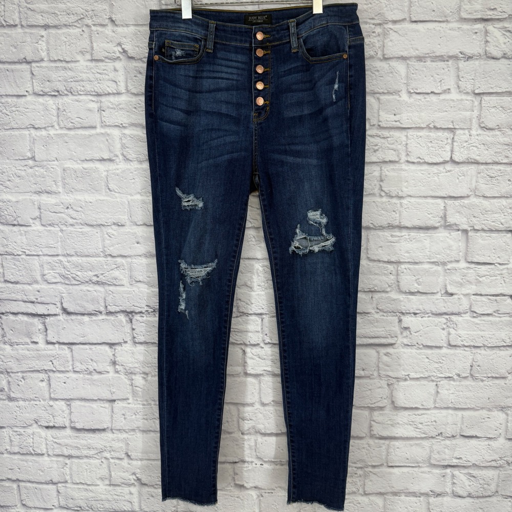 Judy Blue Jeans Womens 15/32 Skinny Distressed Raw Hem Stretch Denim Button‎ Fly